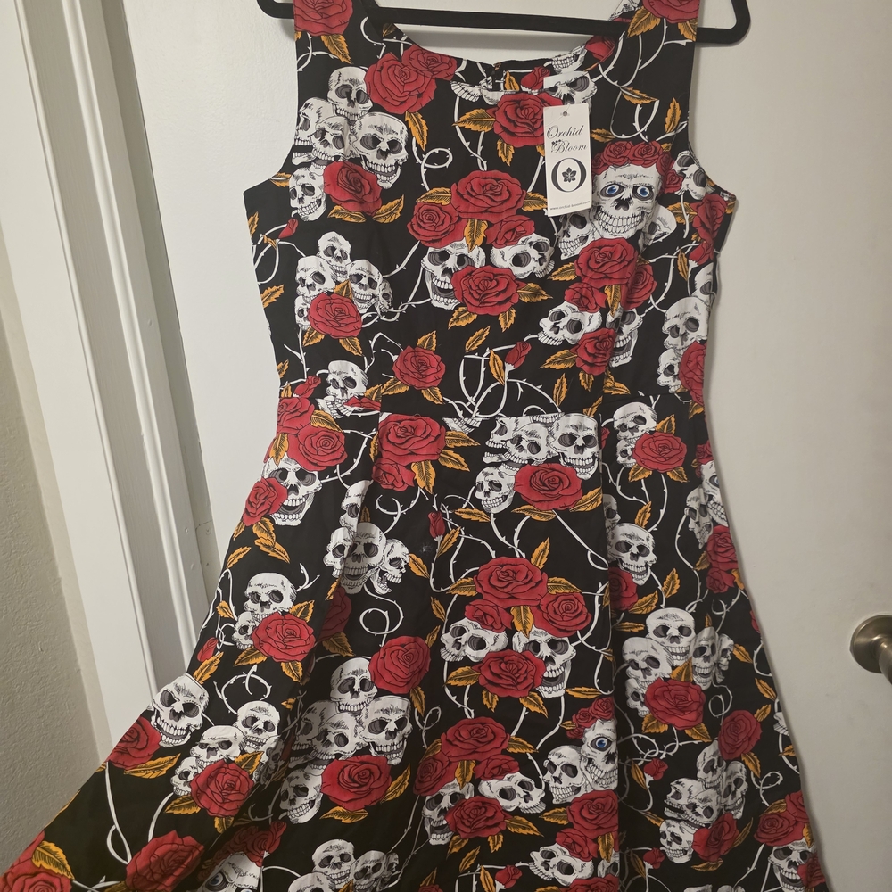 Black Strapless Dress with Red Rose & White Skull Print